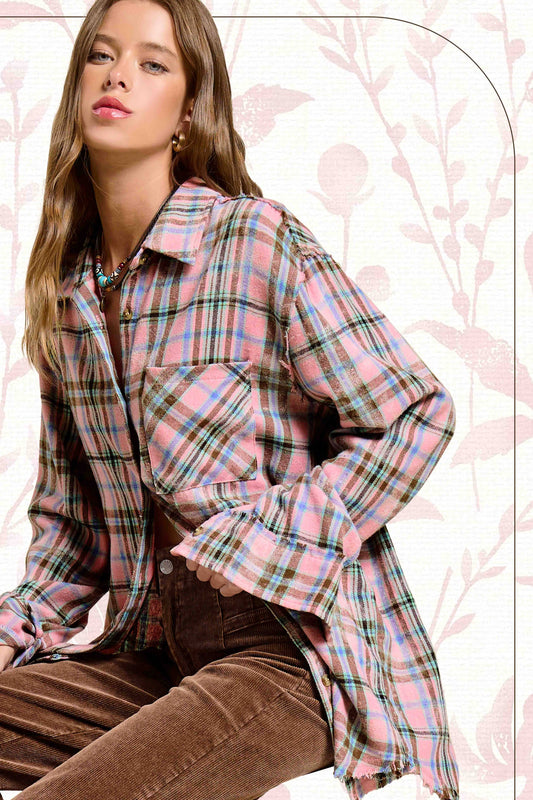 Plaid Acid Washed Cut Edge Button Down Shirt Fall