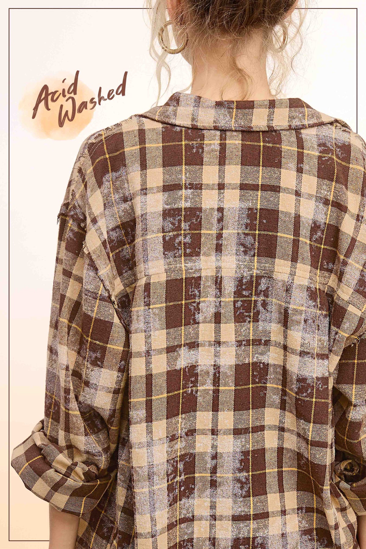Plaid Acid Washed Cut Edge Button Down Shirt Fall