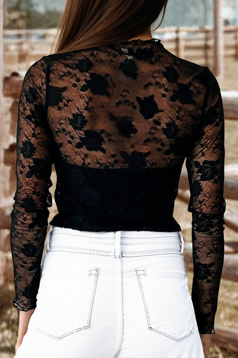 Floral Lace Mesh Mock Neck Long Sleeve Top