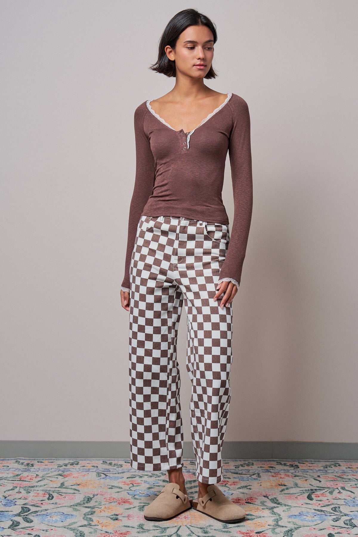 Lace Trim Slub Knit Henley Long Sleeve Top