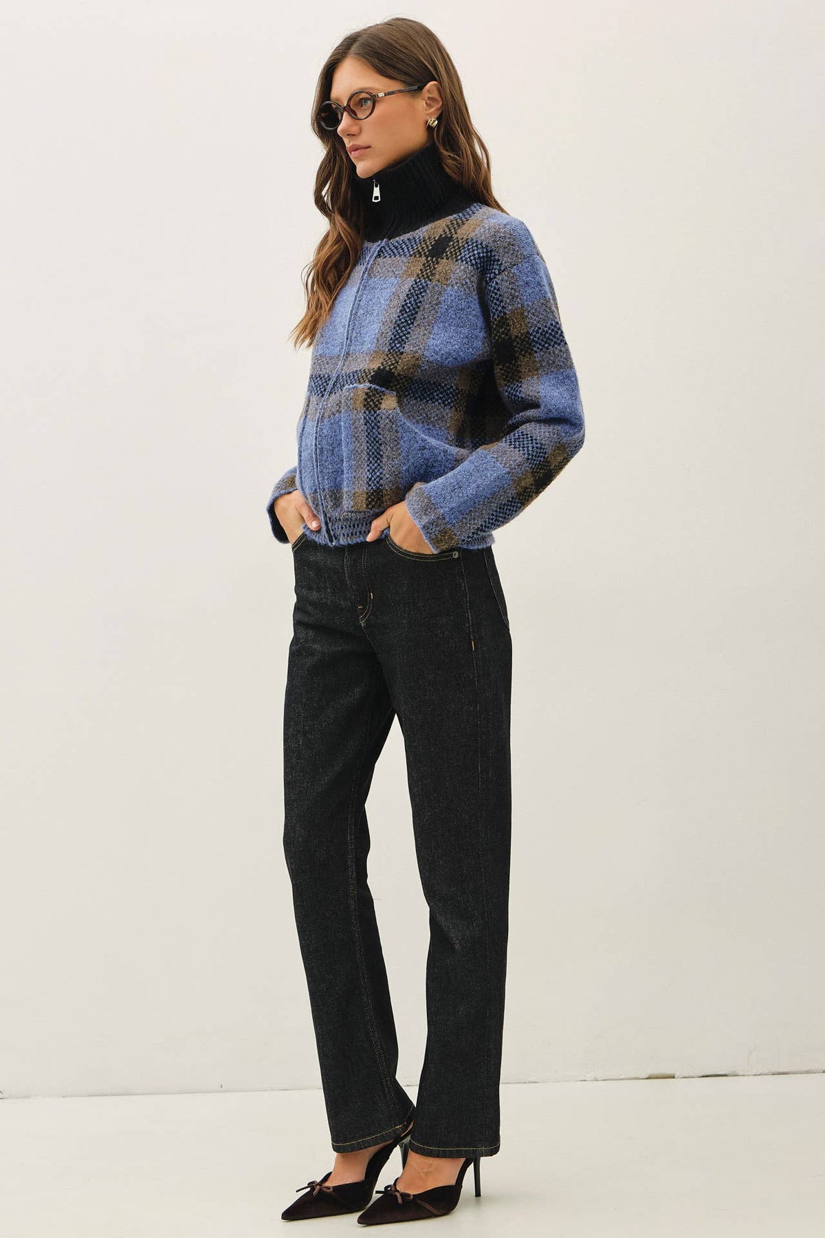 PLAID ZIP UP SWEATER JACKET