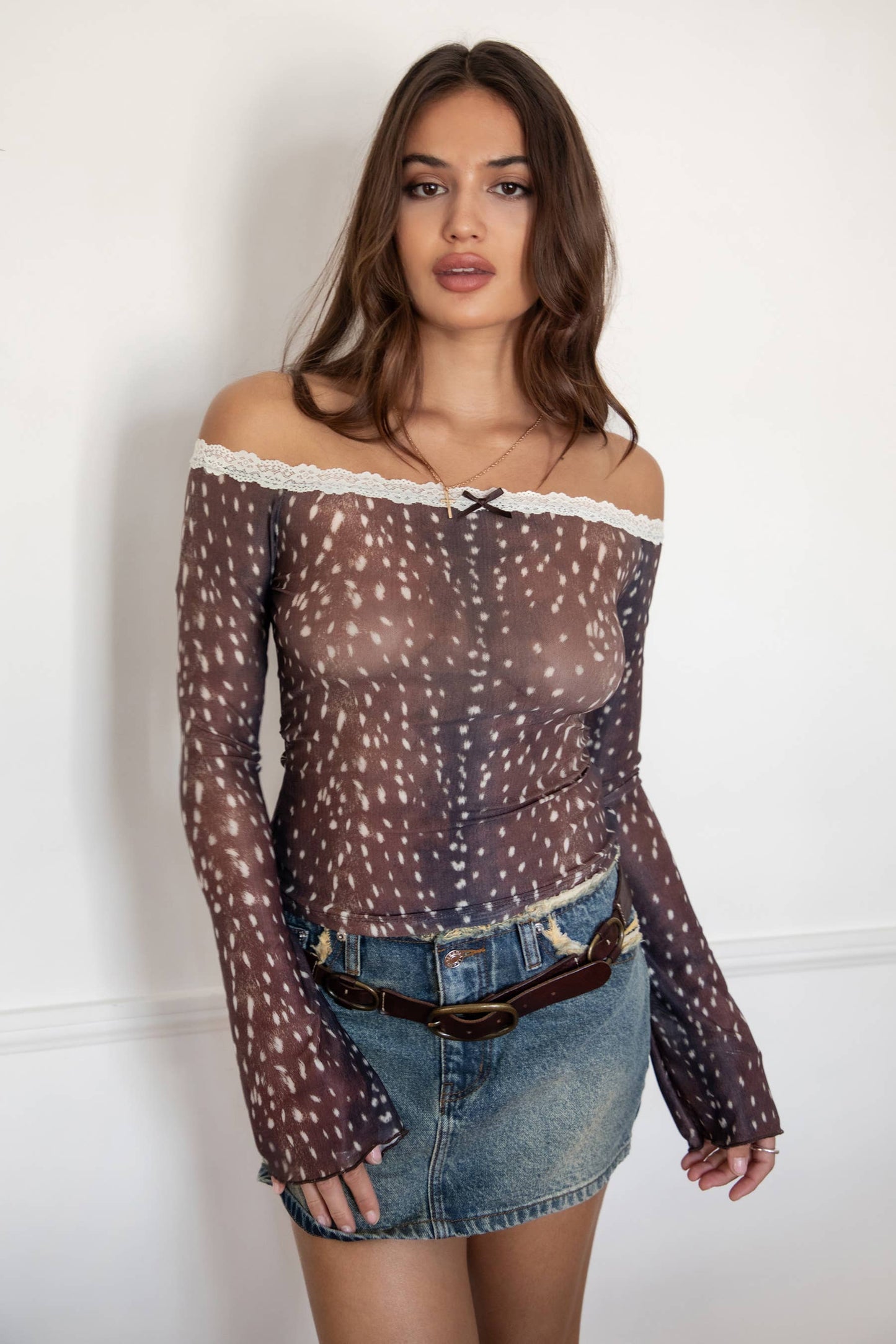 BAMBELLE Deer Mesh Dainty Lace Trim Off-the-Shoulder Top