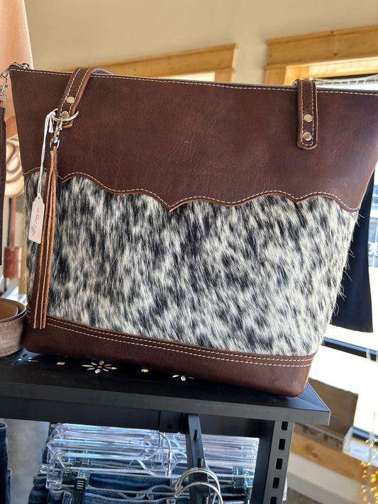 Brown leather with black and white cowhide tote