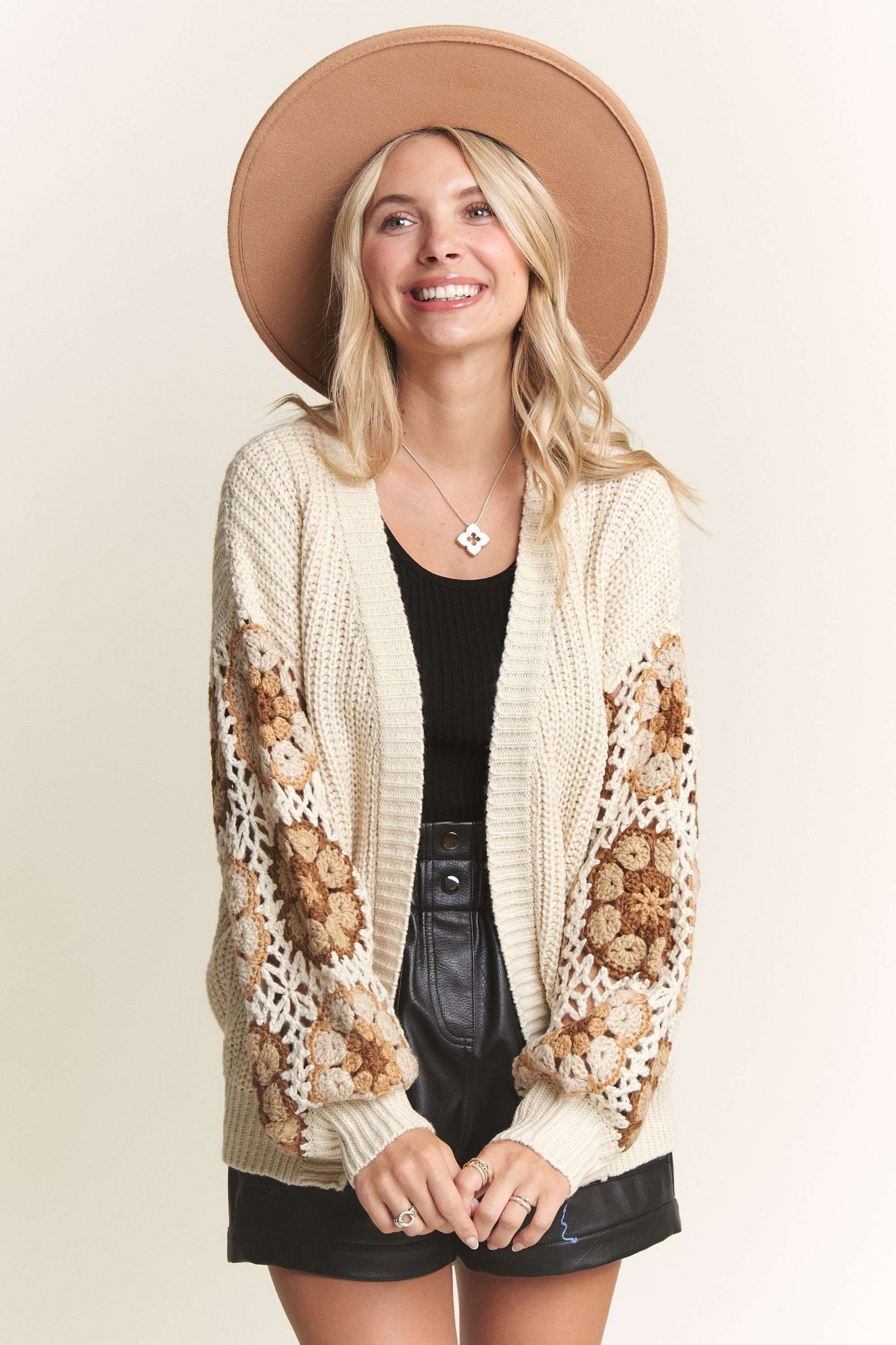 Crochet Puff Sleeves Sweater Cardigan