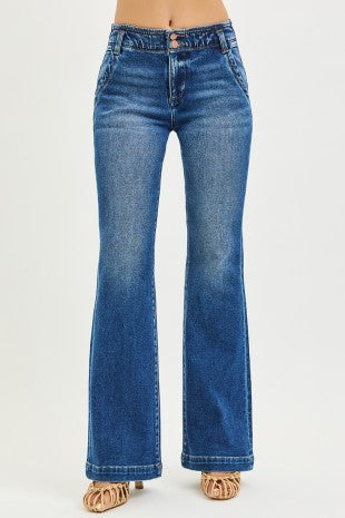 High Rise Flare Jeans With Double Button Down