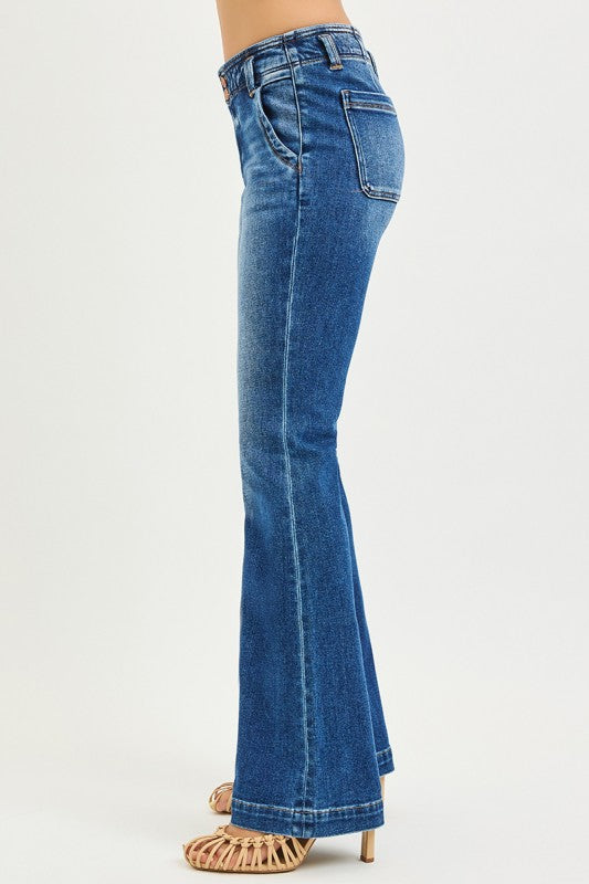 High Rise Flare Jeans With Double Button Down