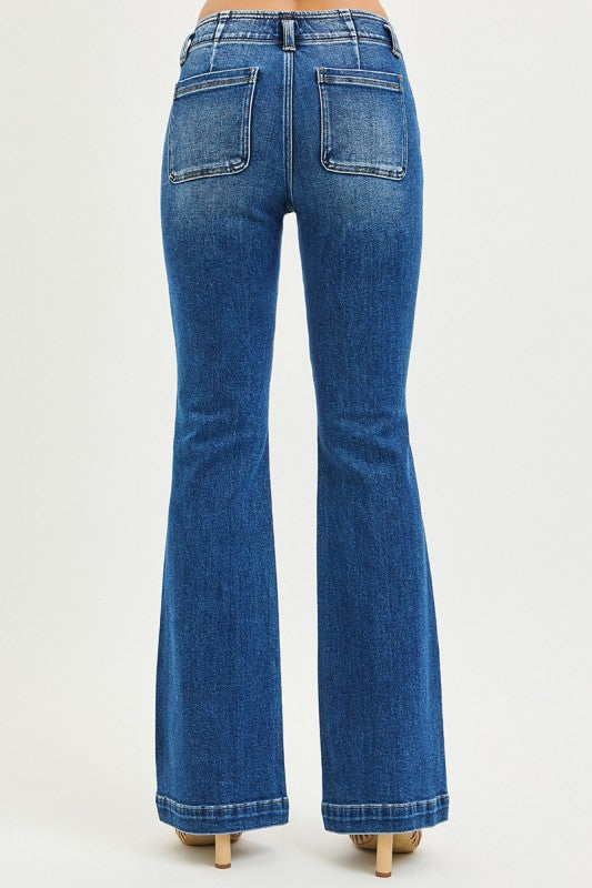 High Rise Flare Jeans With Double Button Down