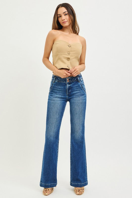 High Rise Flare Jeans With Double Button Down
