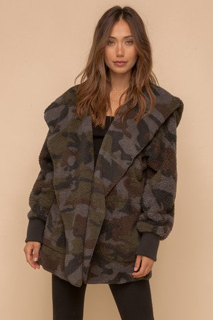 Camo Print Faux Fur Open Jacket
