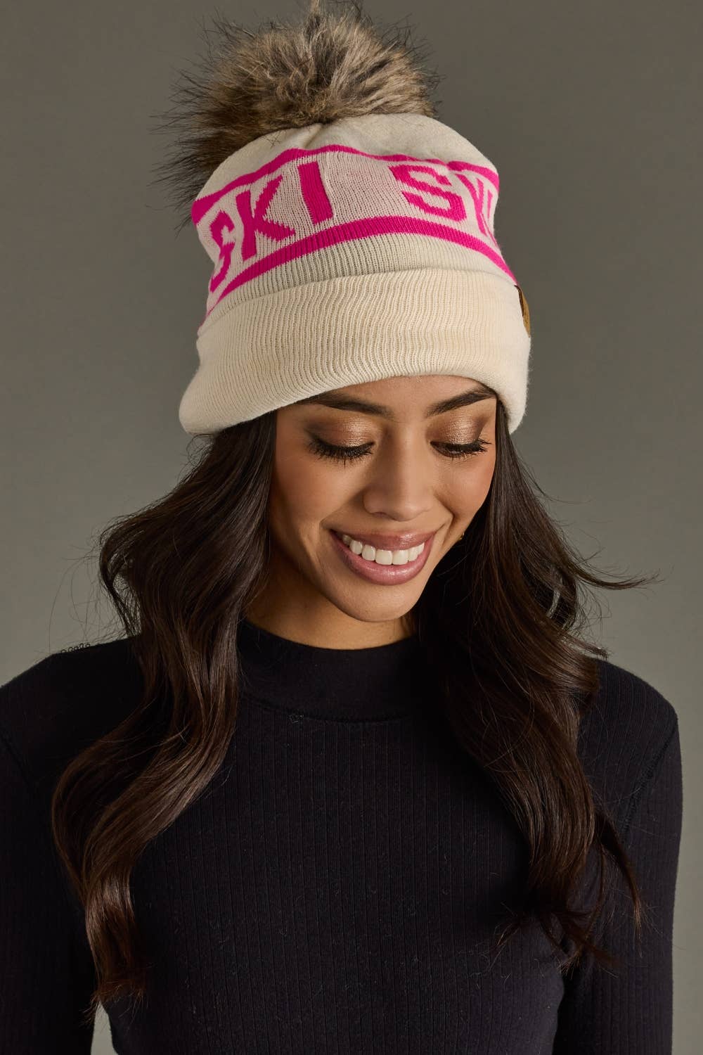 Beige & Pink Ski Pom Hat