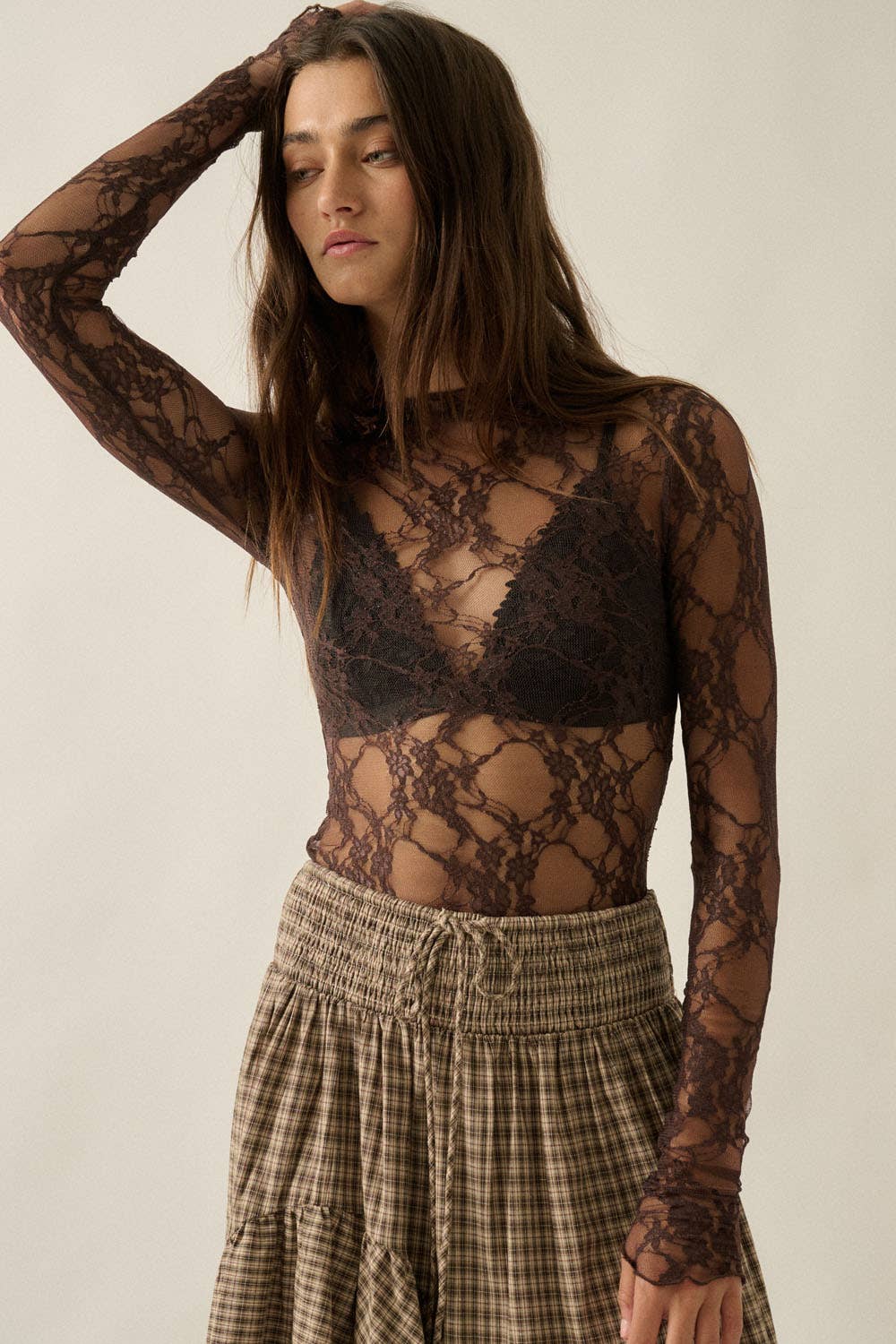 Sheer Floral Lace Mock-Neck Long-Sleeve Thumbhole Top