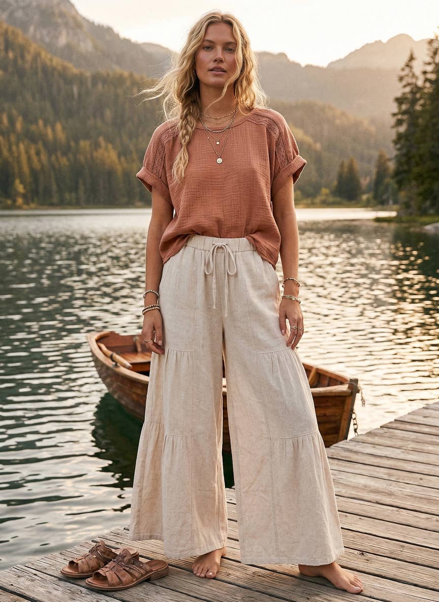 Linen Blend Tiered Wide Leg Palazzo Full Length Pants