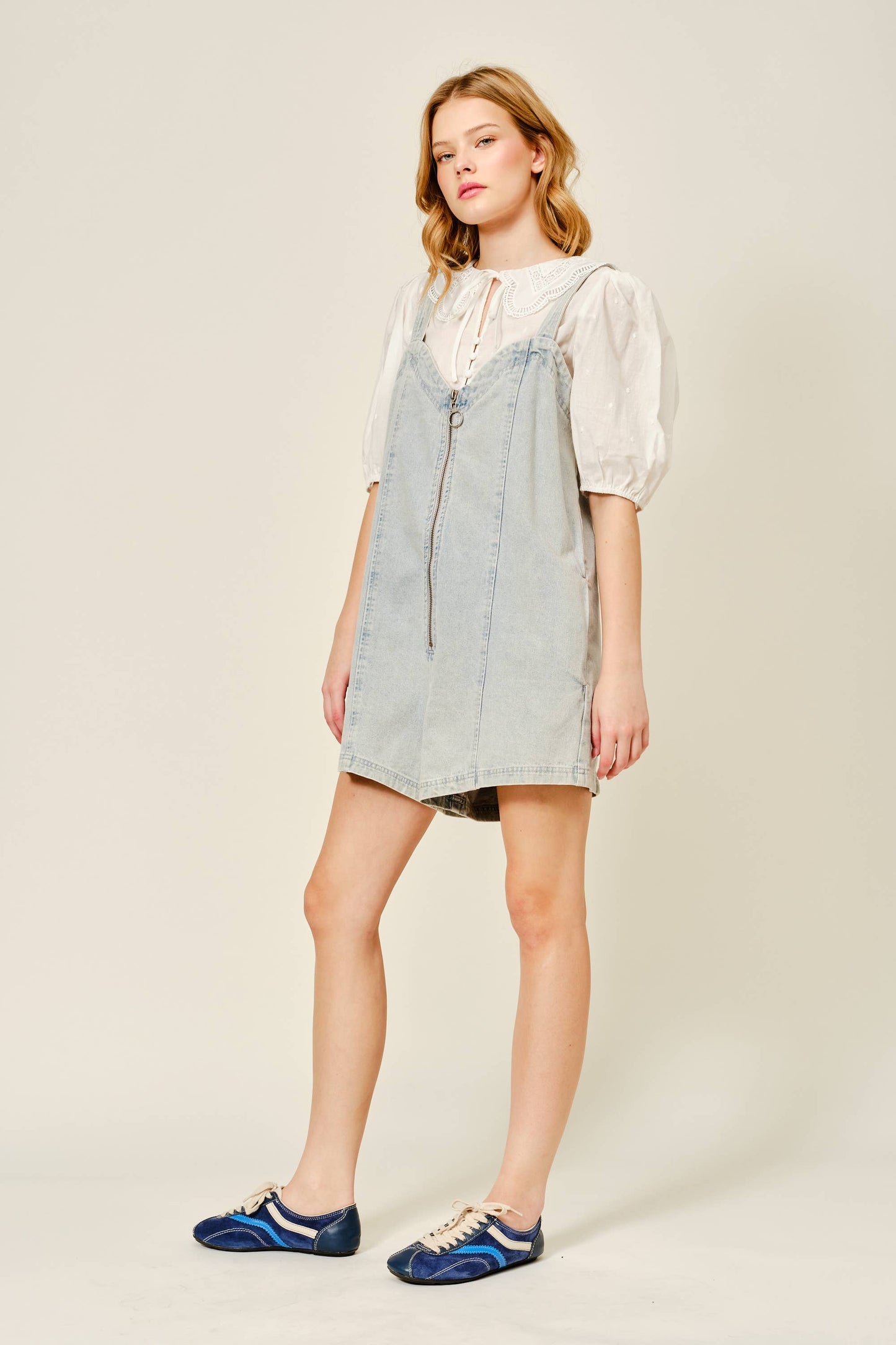 DENIM SLEEVELESS ROMPER WITH FRONT ZIPUP