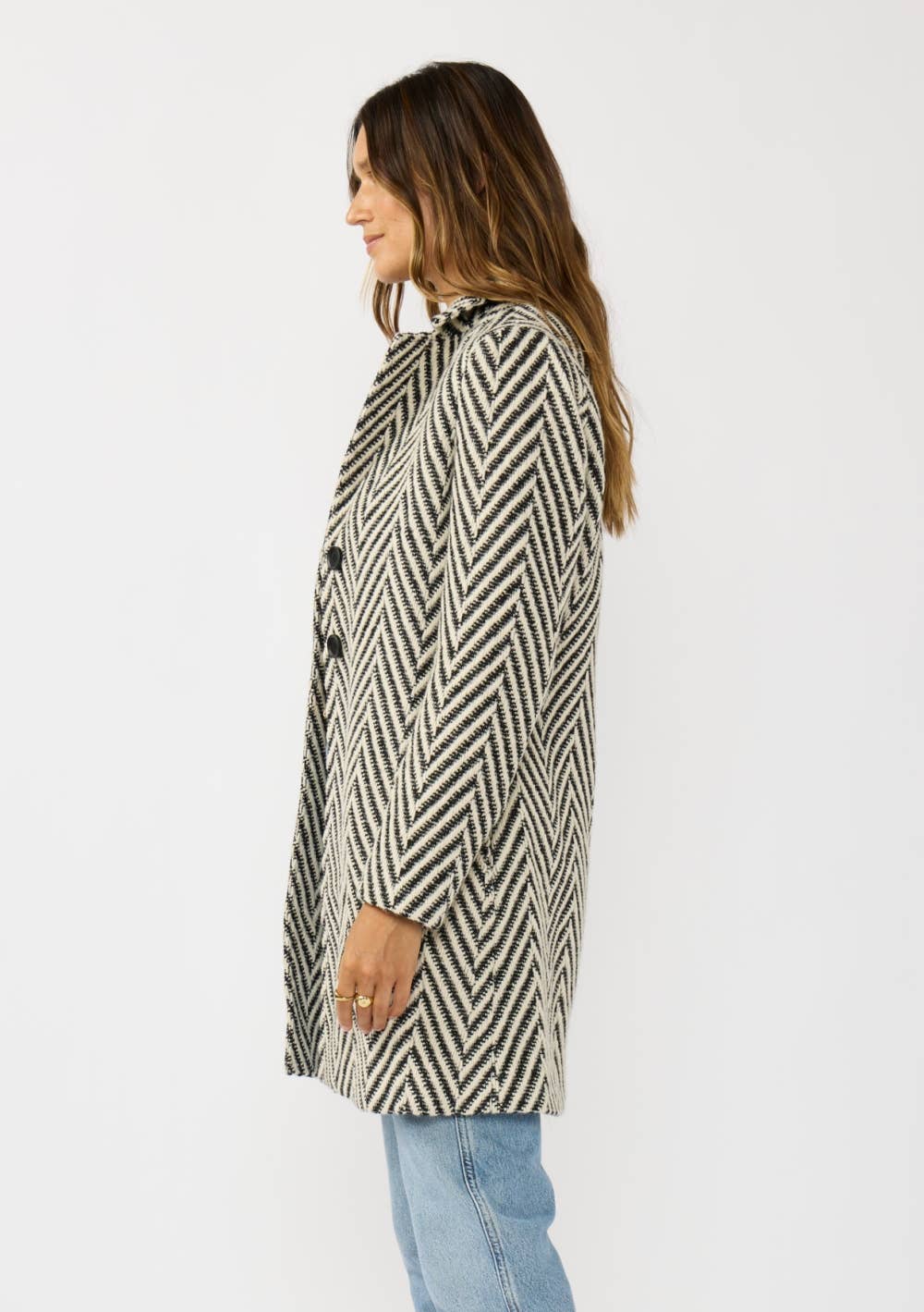 Chevron Notched Lapel Long Sleeve Coat