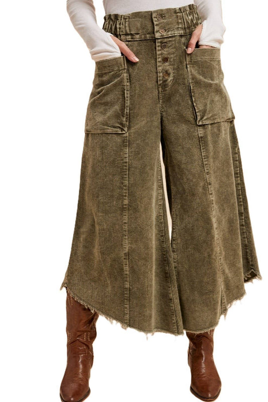 Mineral Wash Cropped Fray Hem Corduroy Wide Pants