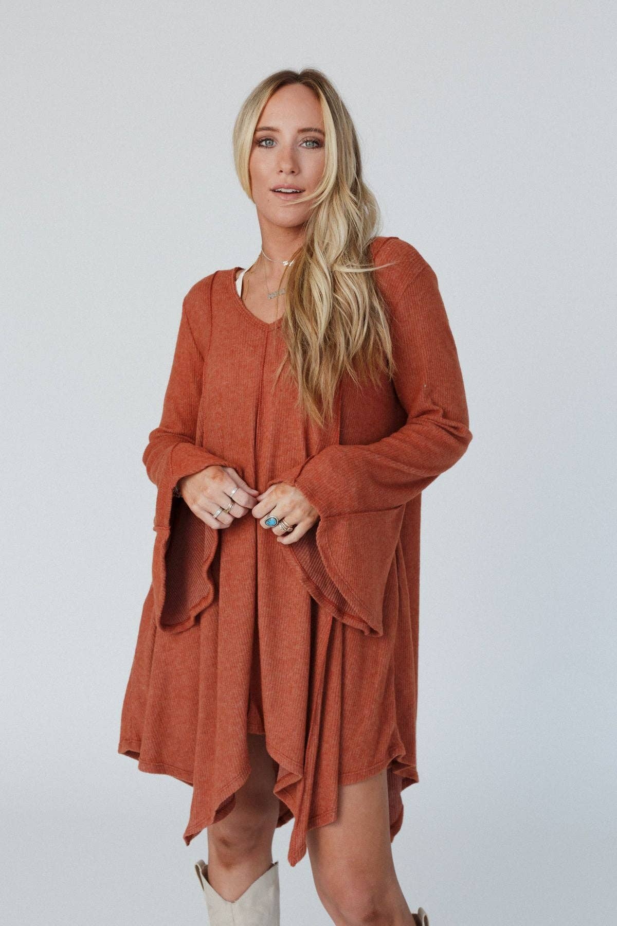 Golden Hour Long Bell Sleeve Dress - Rust