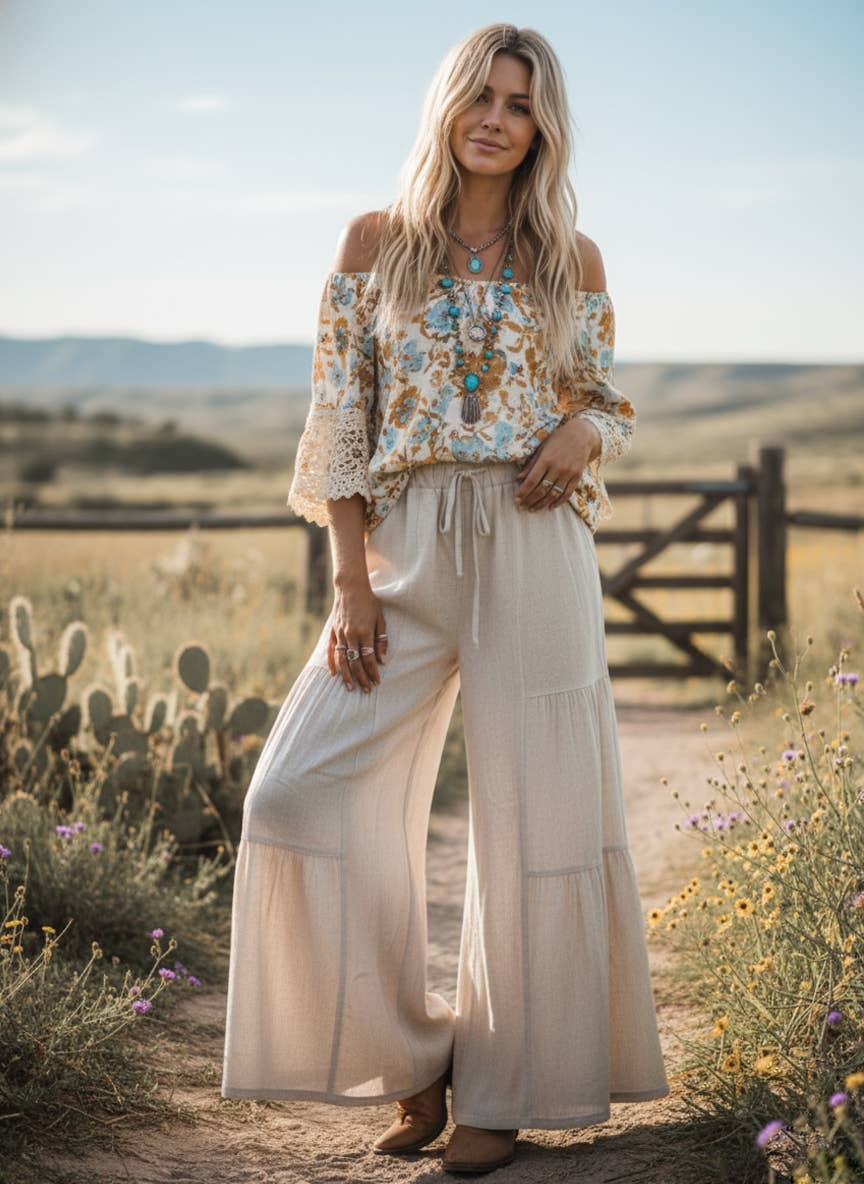 Linen Blend Tiered Wide Leg Palazzo Full Length Pants