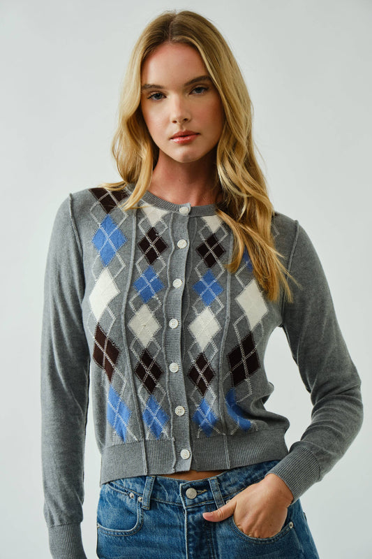 AJT5092 RELAXED FIT ARGYLE SWEATER CARDIGAN