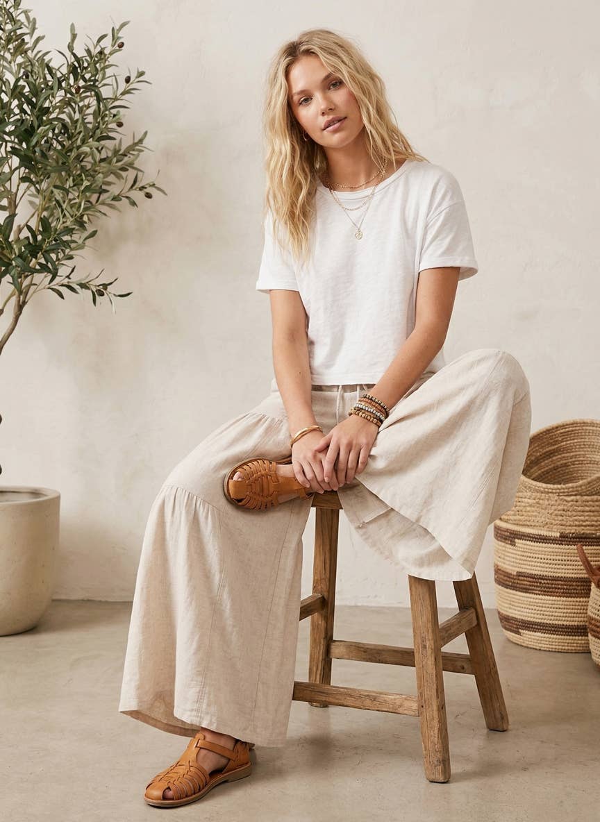 Linen Blend Tiered Wide Leg Palazzo Full Length Pants