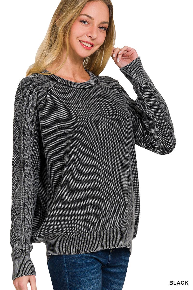 Washed Cable Sleeve Crewneck Sweater - Zenana