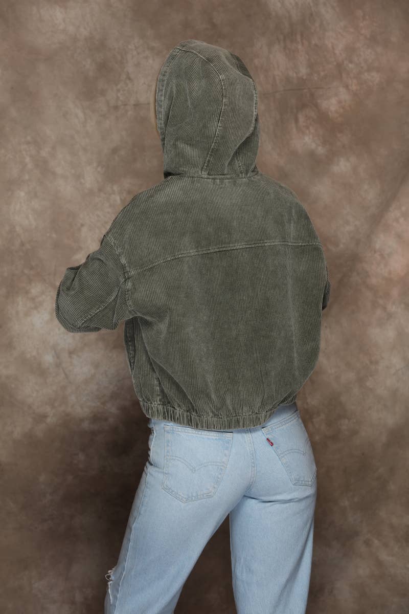 Washed Corduroy Zip Up Hoodie Bomber