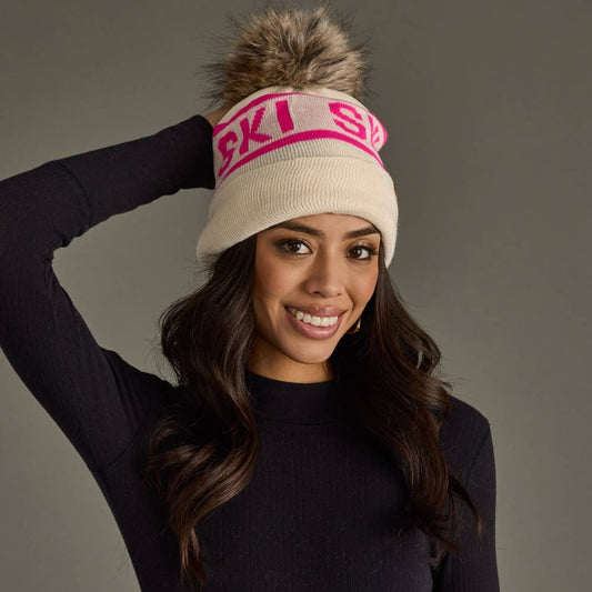 Beige & Pink Ski Pom Hat