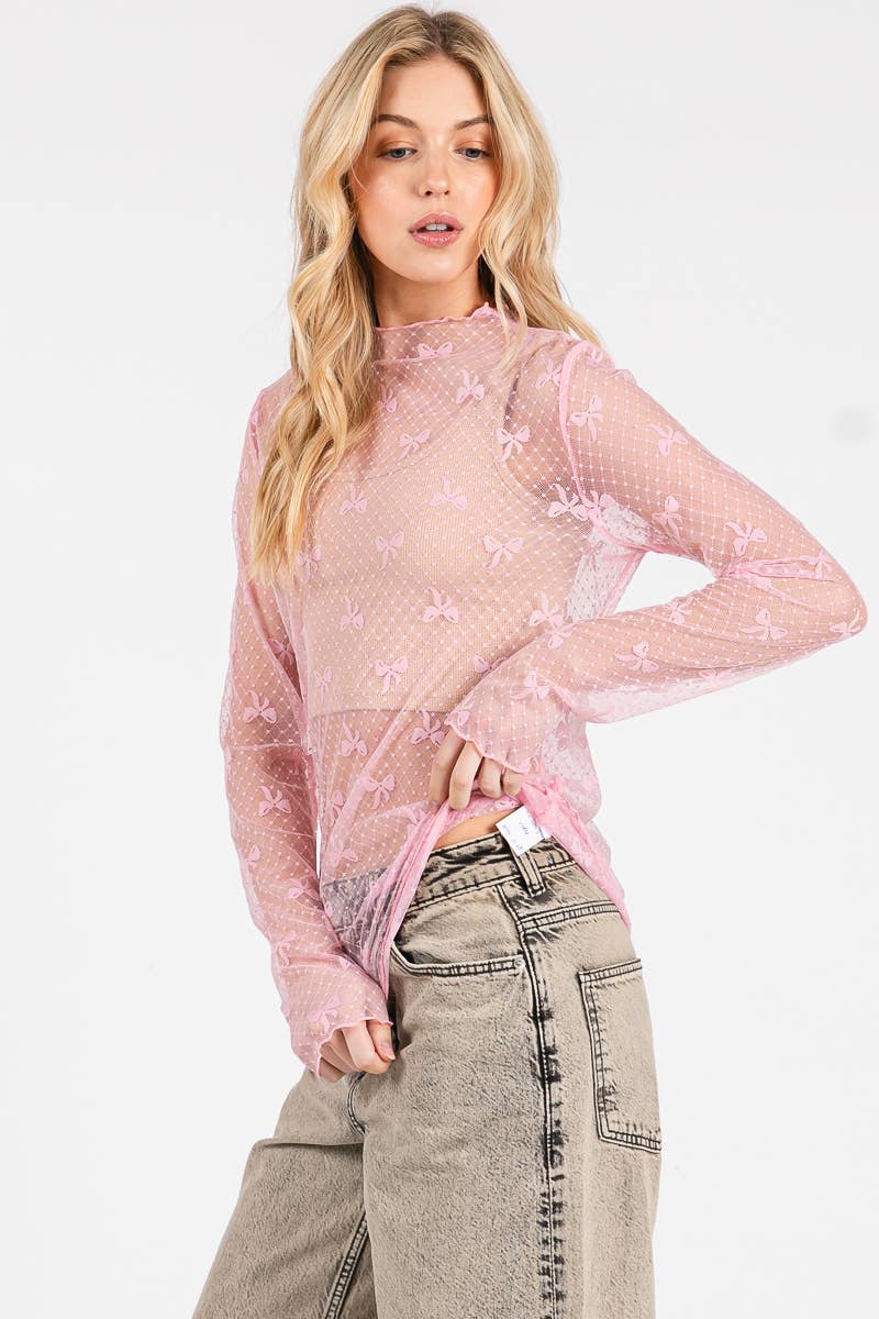 BOW PRINT LONG SLEEVE LACE TOP