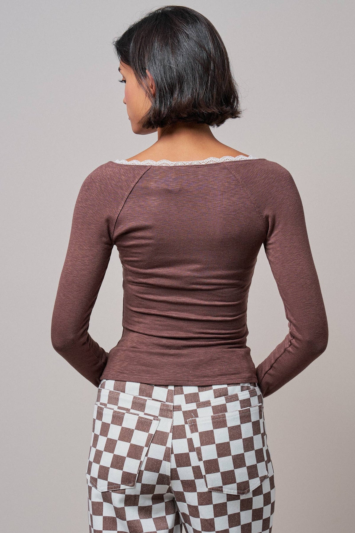 Lace Trim Slub Knit Henley Long Sleeve Top