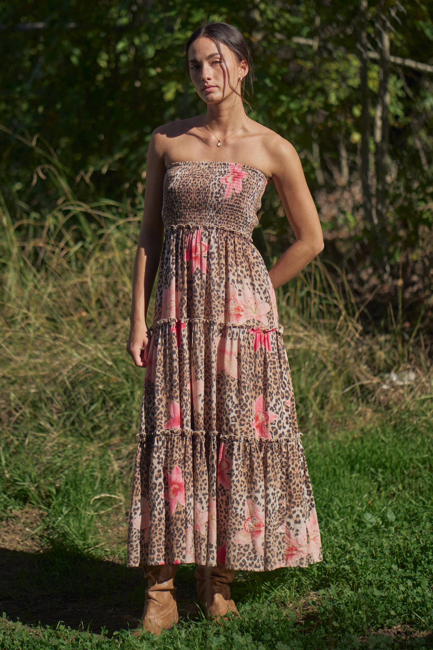 STRAPLESS SMOCKED TIERED MAXI DRESS