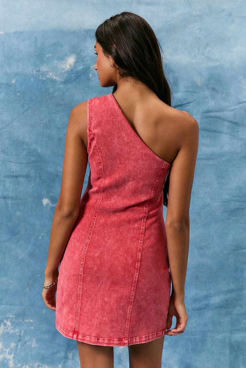 ONE SHOULDER BUTTON DOWN TWILL MINI DRESS