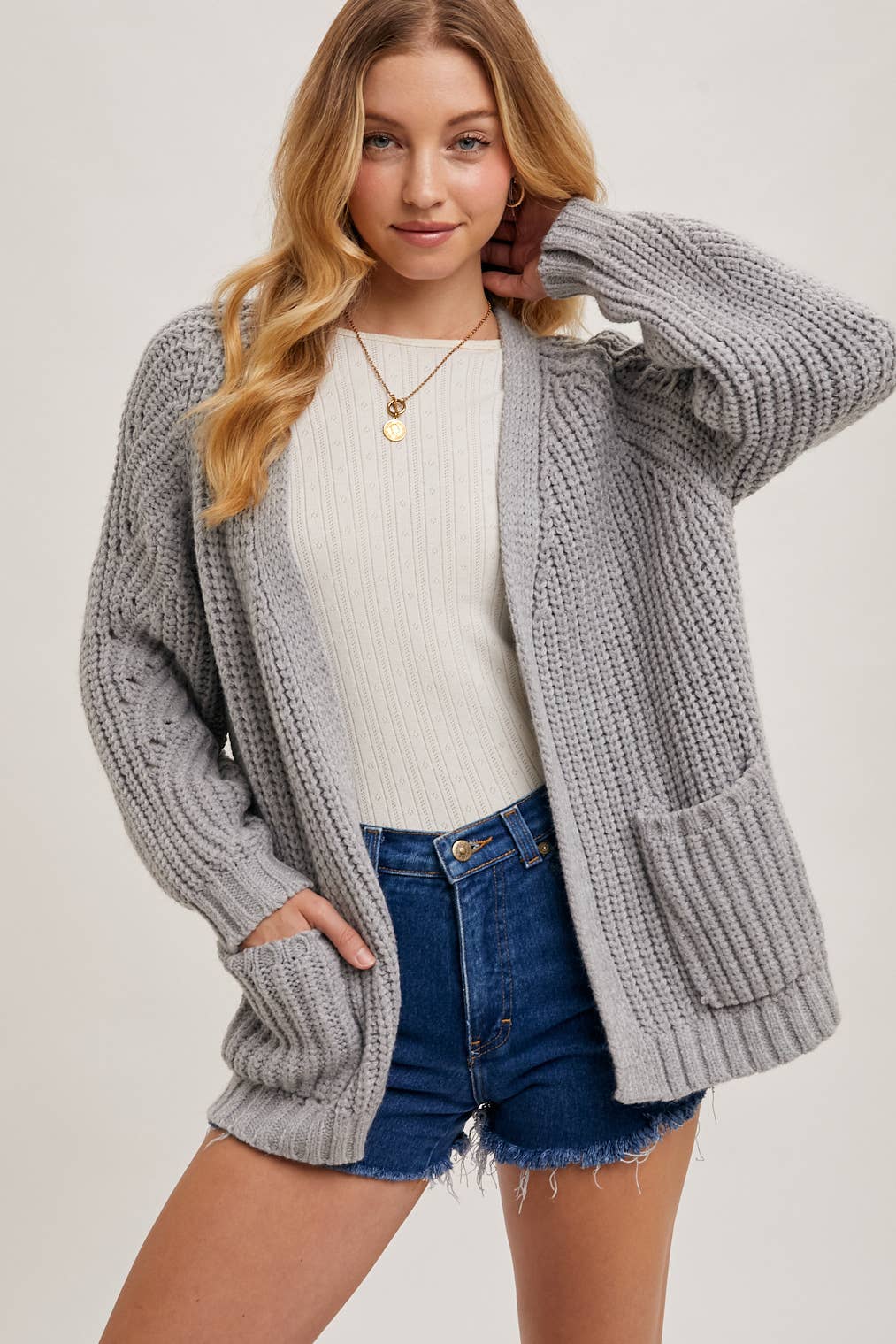 CHUNKY POINTELLE OPEN FRONT CARDIGAN