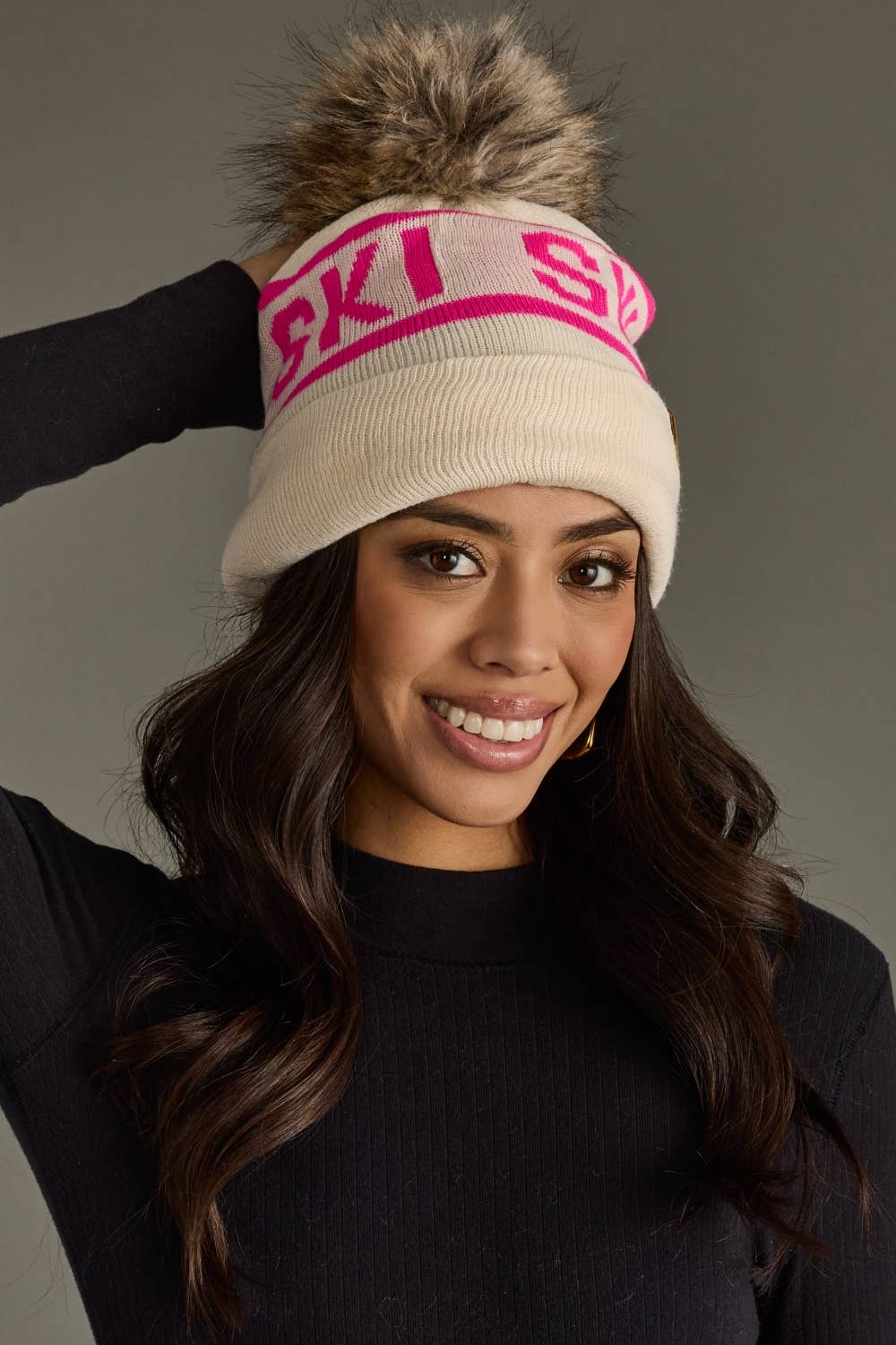 Beige & Pink Ski Pom Hat