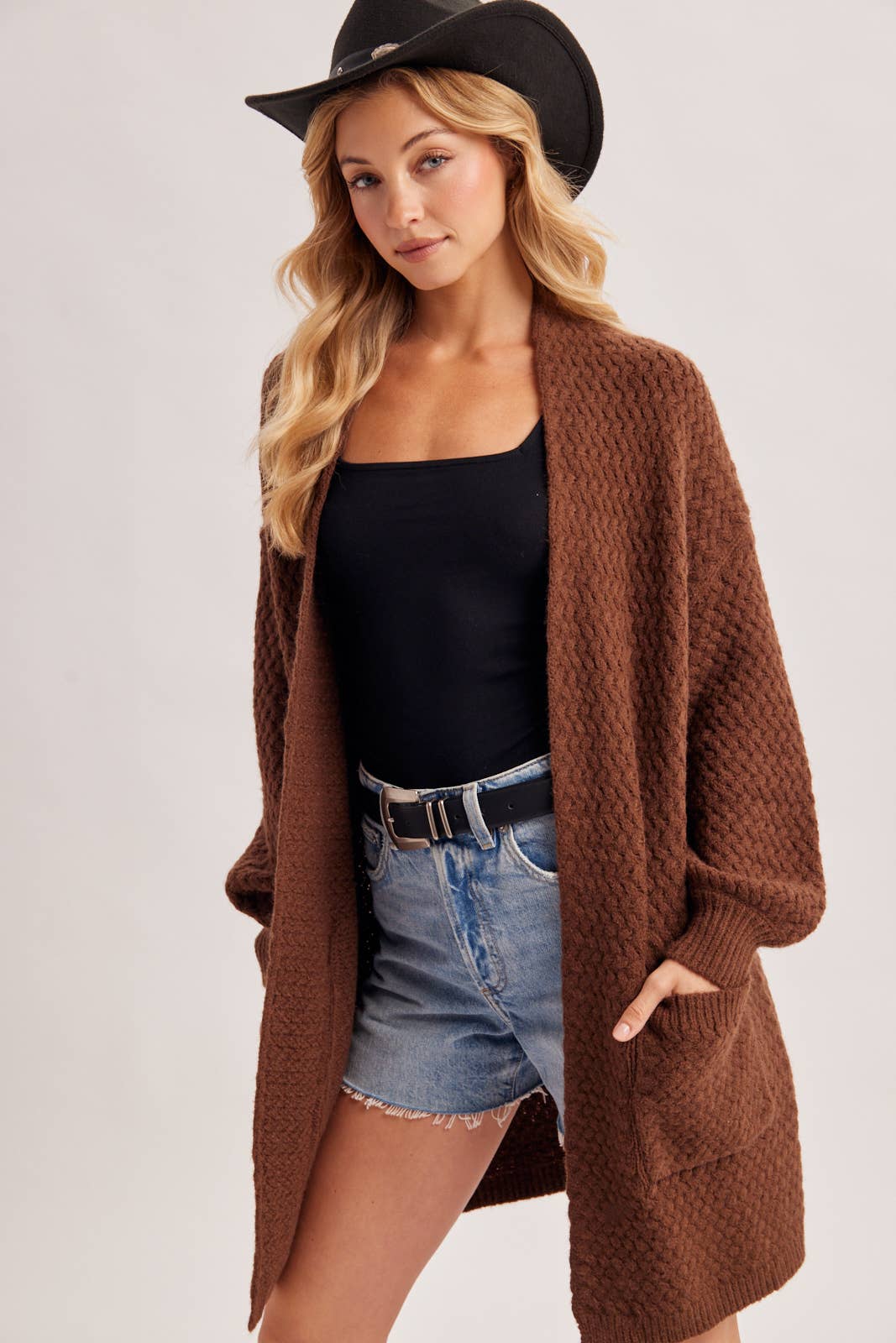BASKET WEAVE LONGLINE CARDIGAN