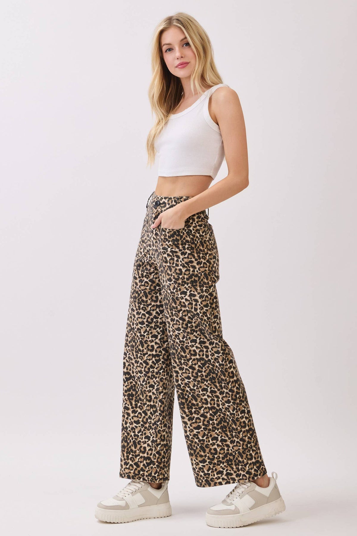 Stretch Twill Leopard Wide Leg Pants