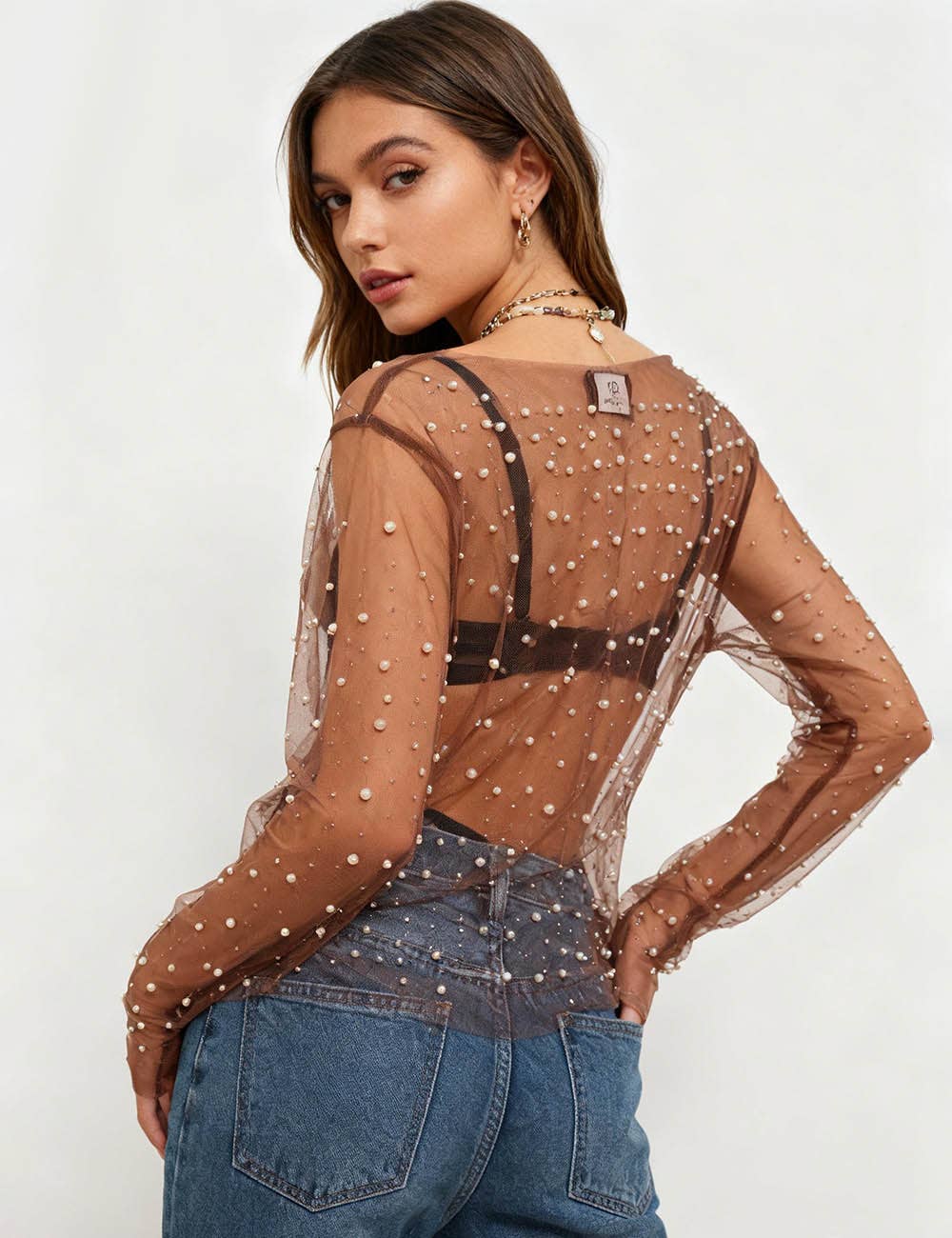 Pearl Rhinestone Studded See Through Mesh Crop Top SKT1976