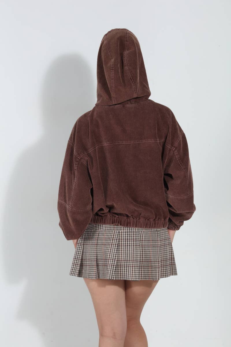 Washed Corduroy Zip Up Hoodie Bomber