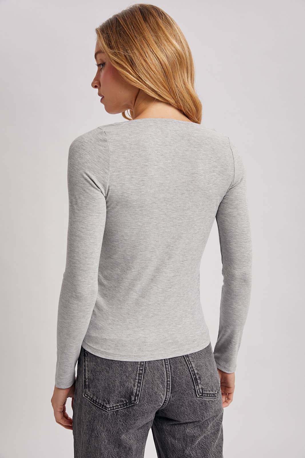 V-NECK LACE TRIM RIBBED KNIT LONG SLEEVE TOP