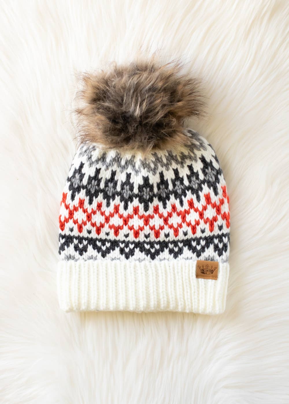 Ivory, Red & Gray Winter Pattern Pom Hat