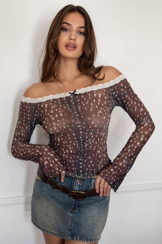 BAMBELLE Deer Mesh Dainty Lace Trim Off-the-Shoulder Top