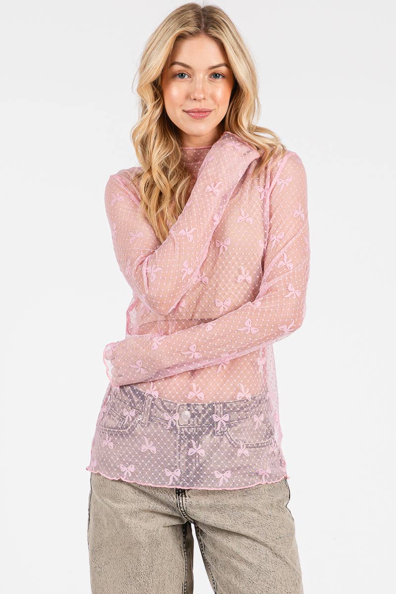 BOW PRINT LONG SLEEVE LACE TOP