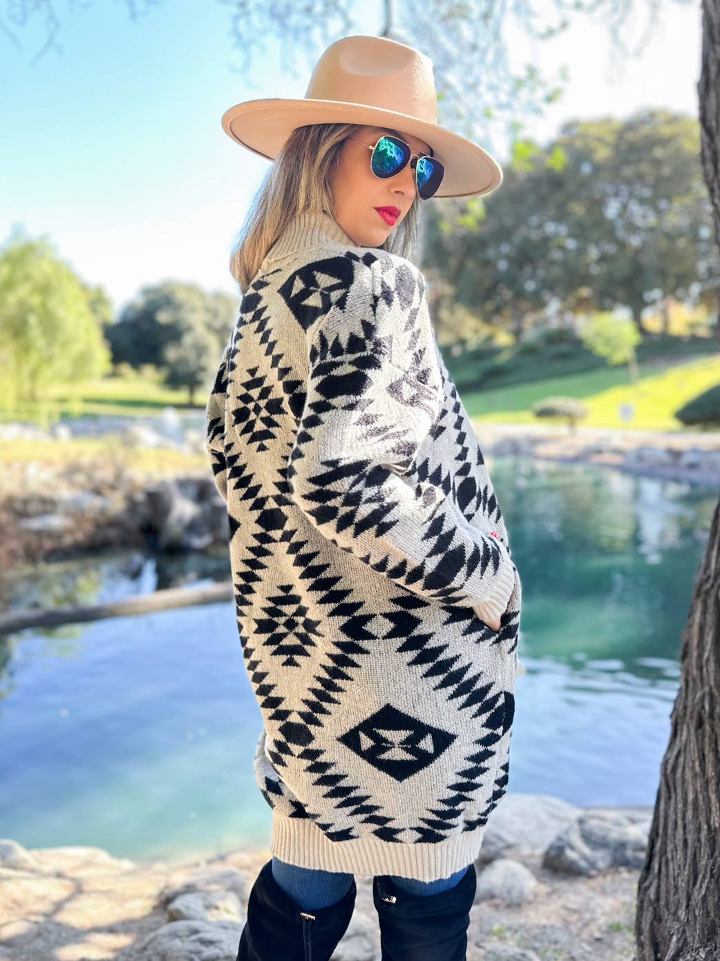 Trendy Beige Aztec Printed Lightweight Cardigan with Pockets