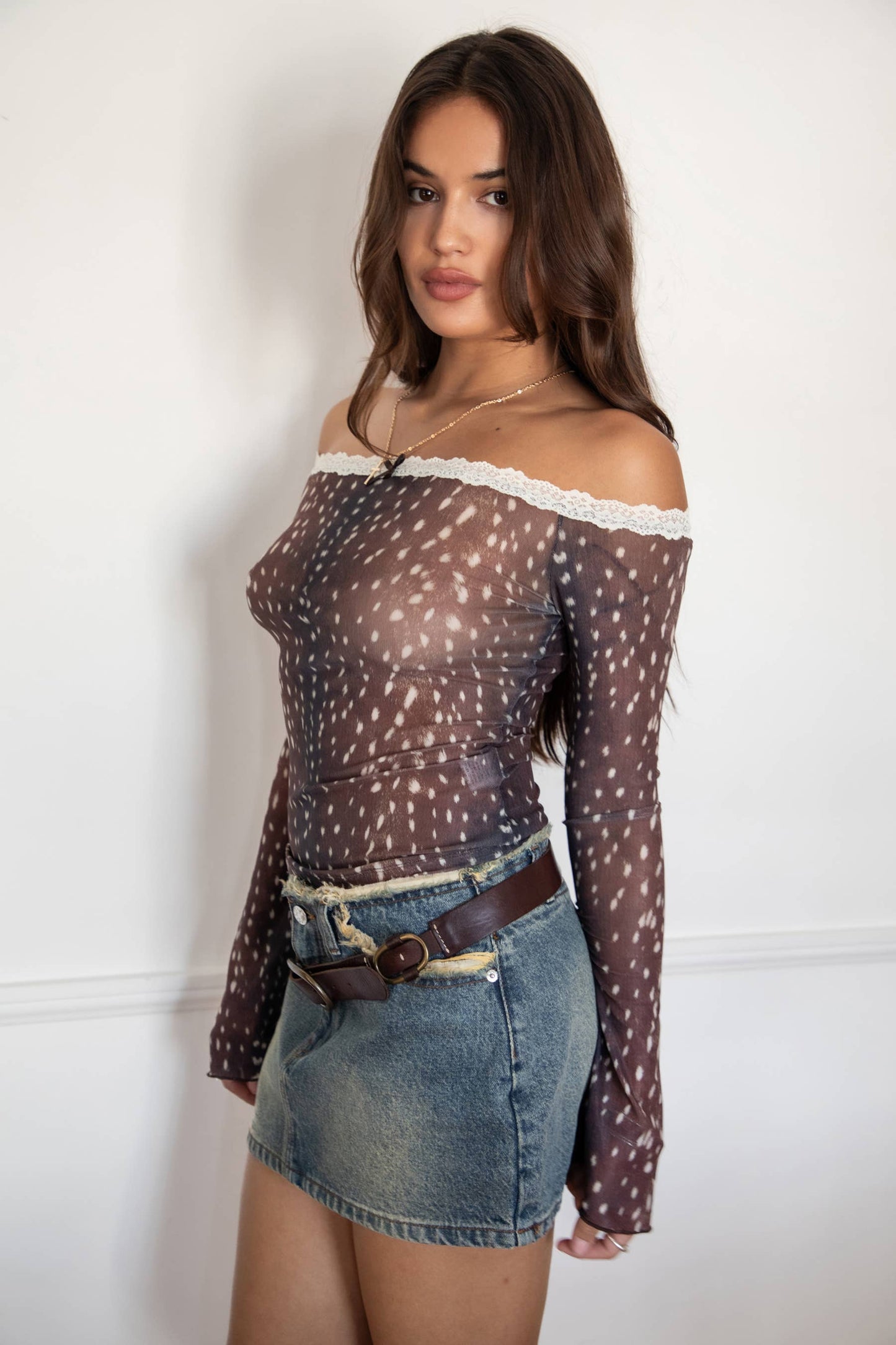 BAMBELLE Deer Mesh Dainty Lace Trim Off-the-Shoulder Top