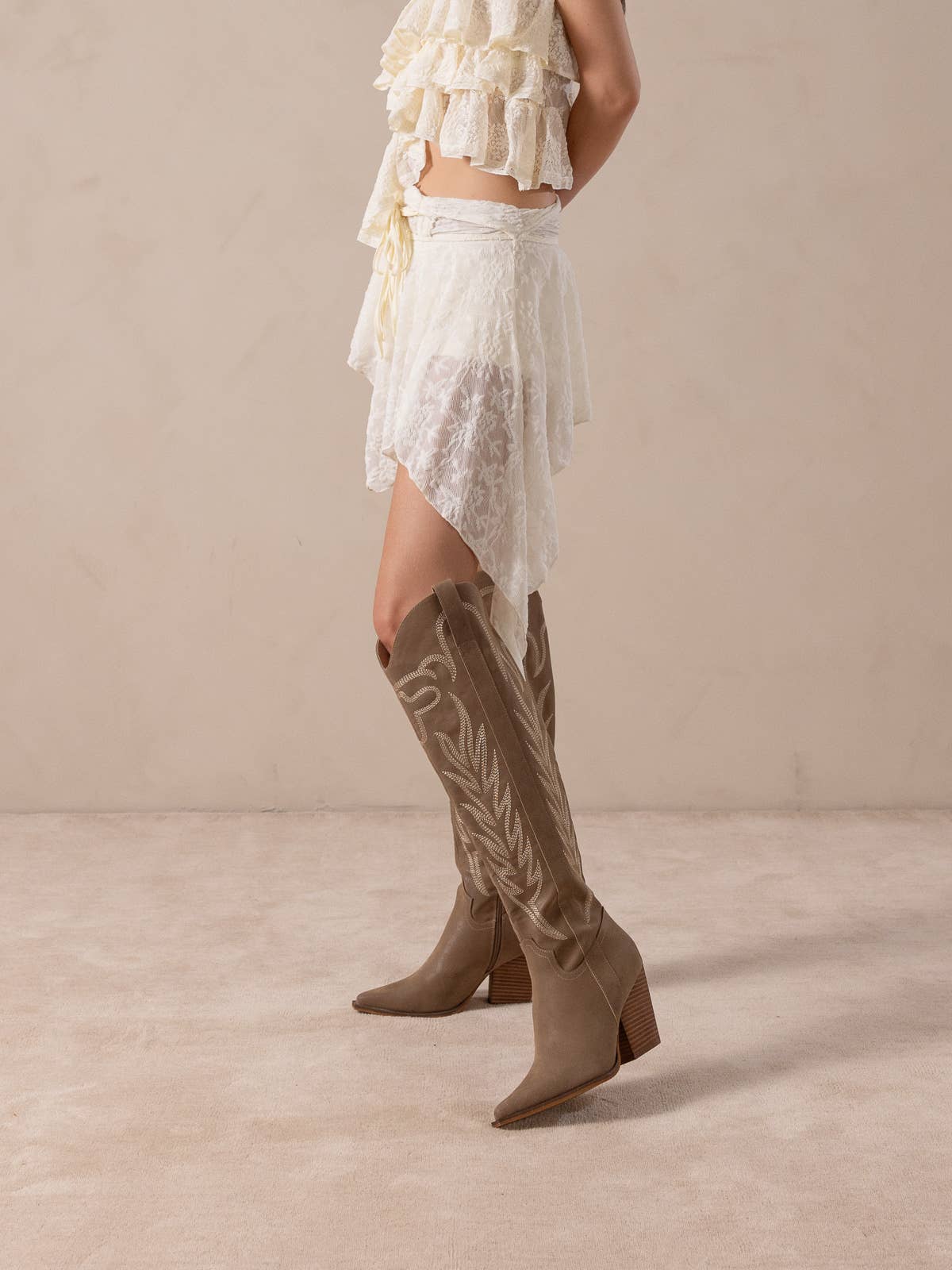Dark Taupe Knee High Embroidered Cowboy Boot