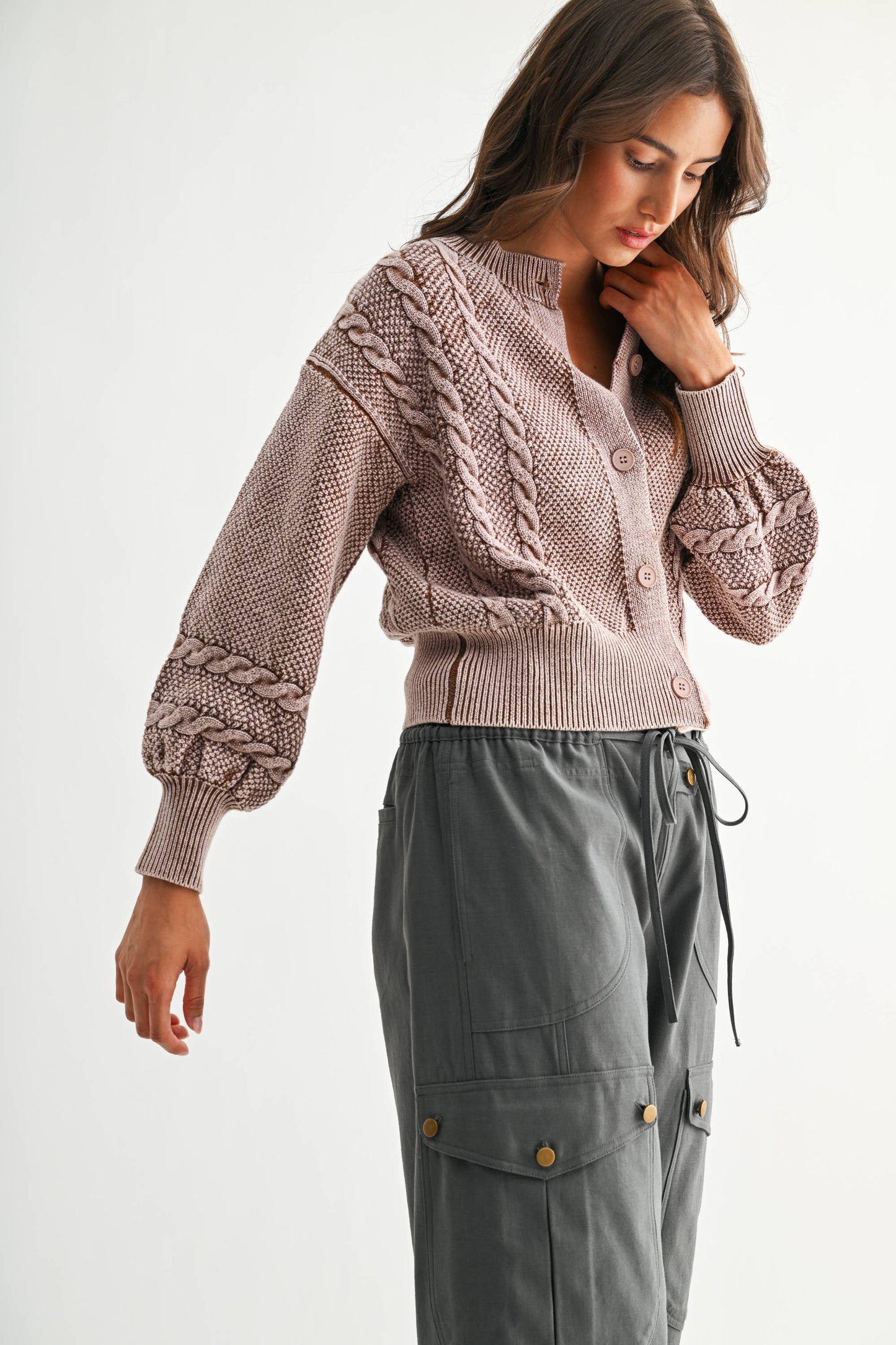 WASHED BLENDED BROWN CABLE KNIT CARDIGAN