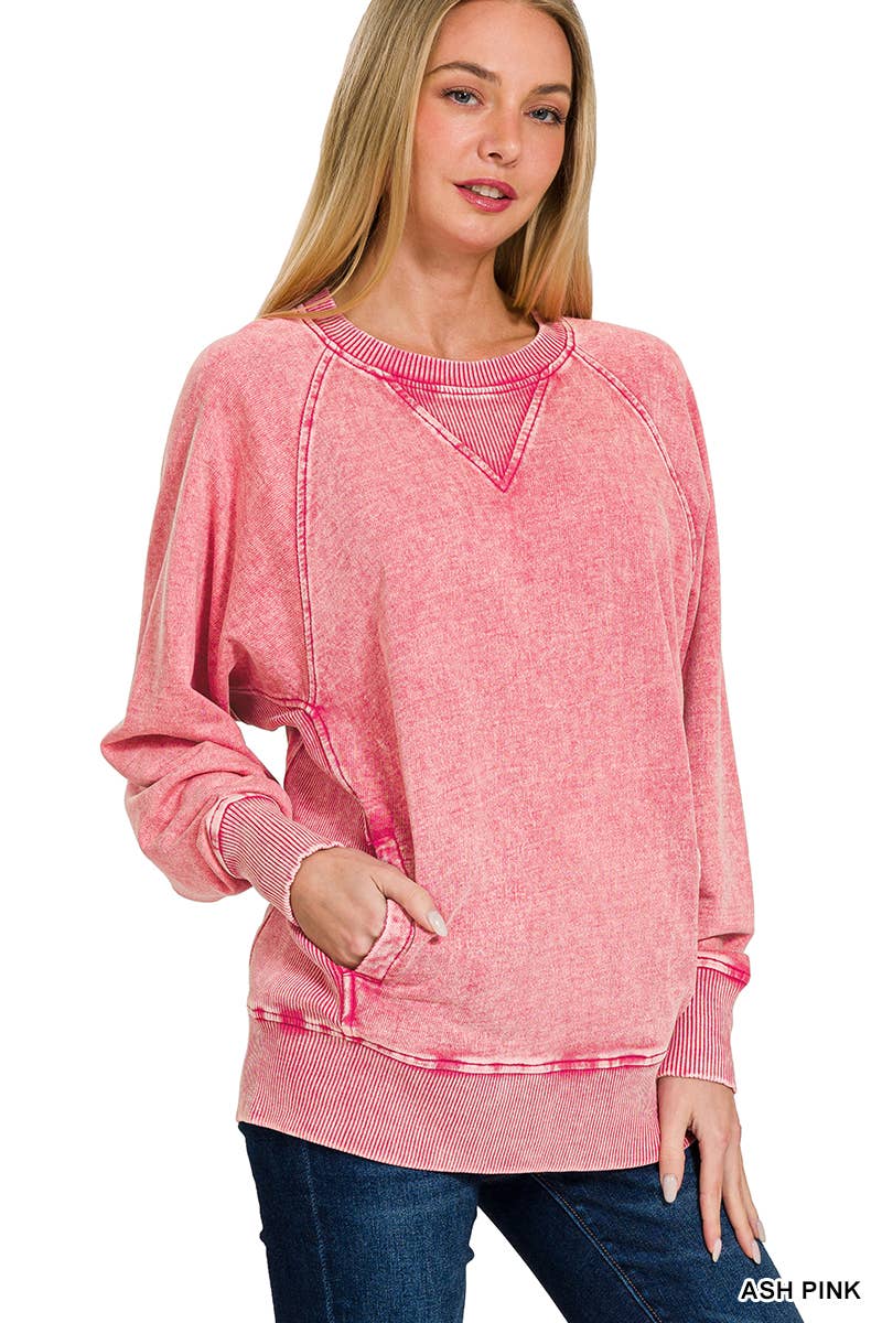 Acid Wash French Terry Pullover w// Pockets - Zenana