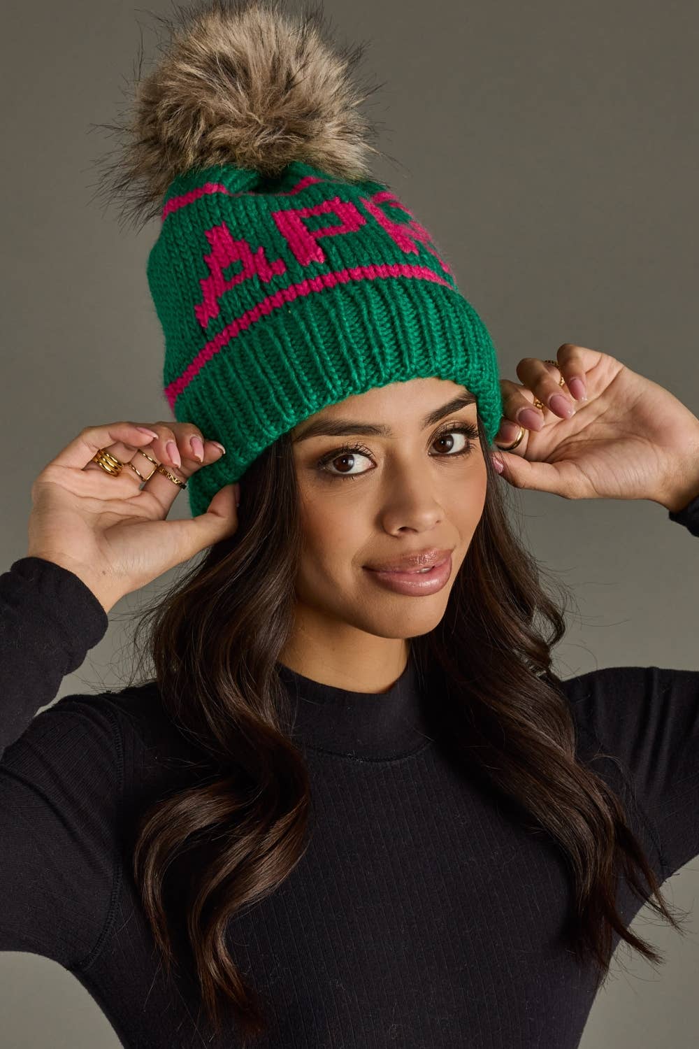 Green & Pink Apres Pom Hat