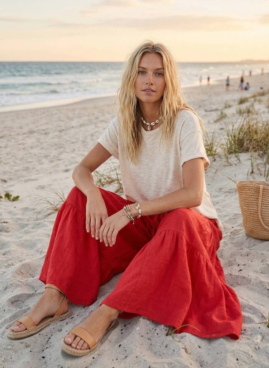 Linen Blend Tiered Wide Leg Palazzo Full Length Pants