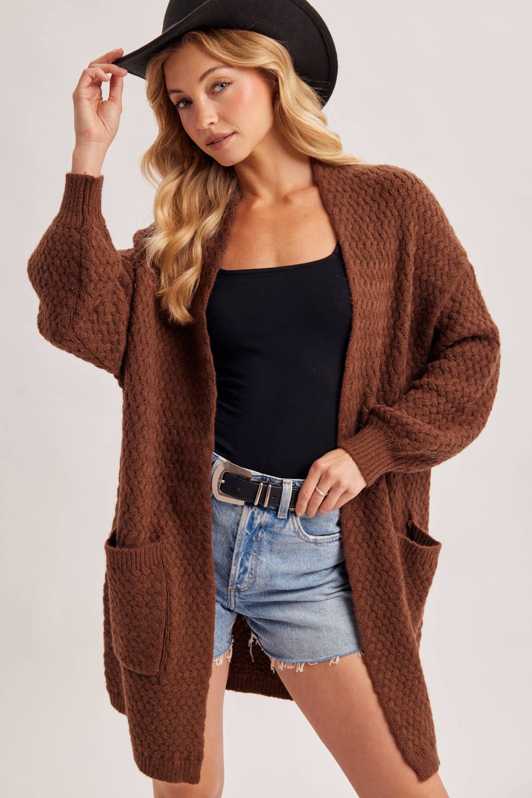 BASKET WEAVE LONGLINE CARDIGAN