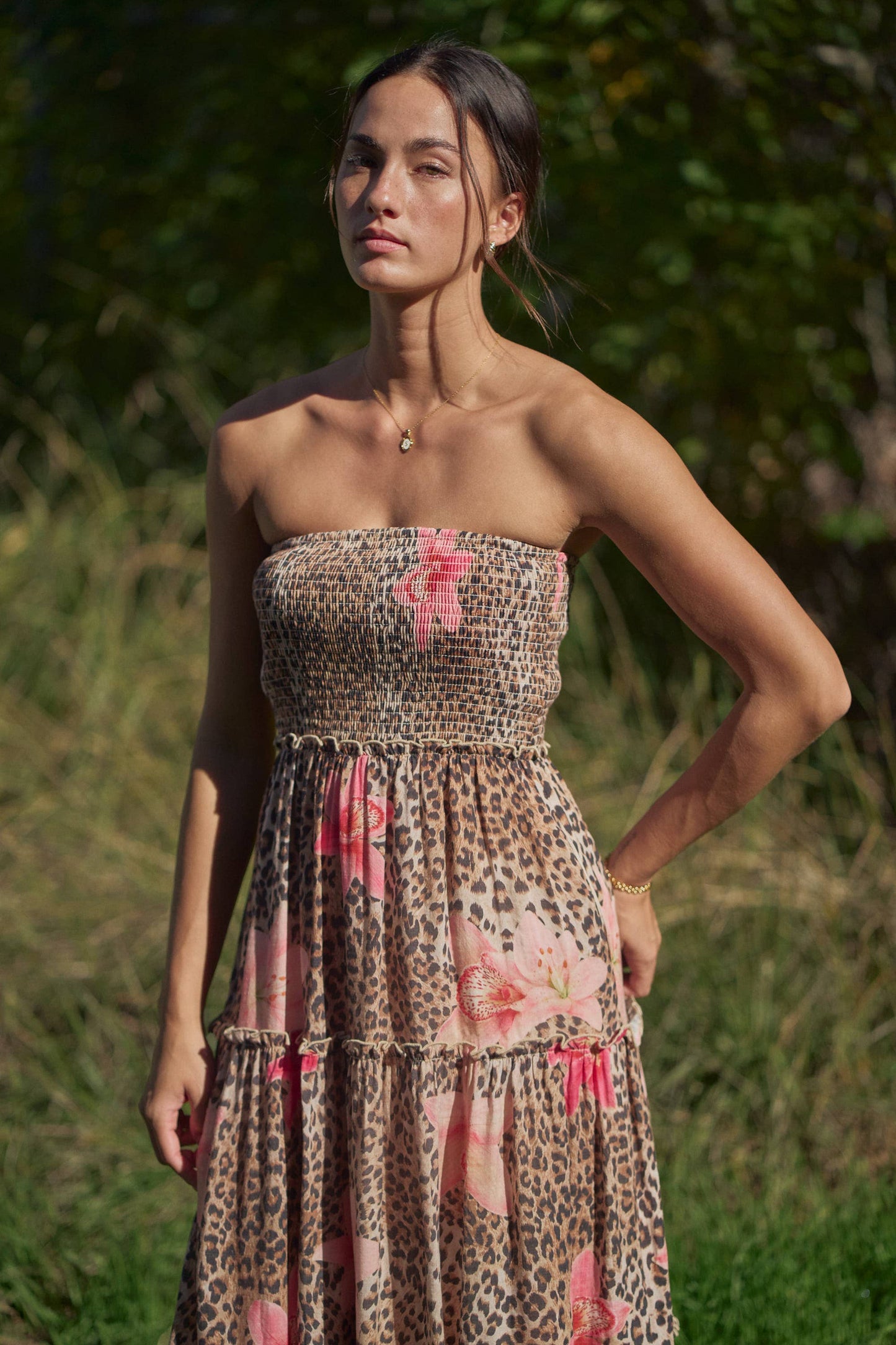 STRAPLESS SMOCKED TIERED MAXI DRESS