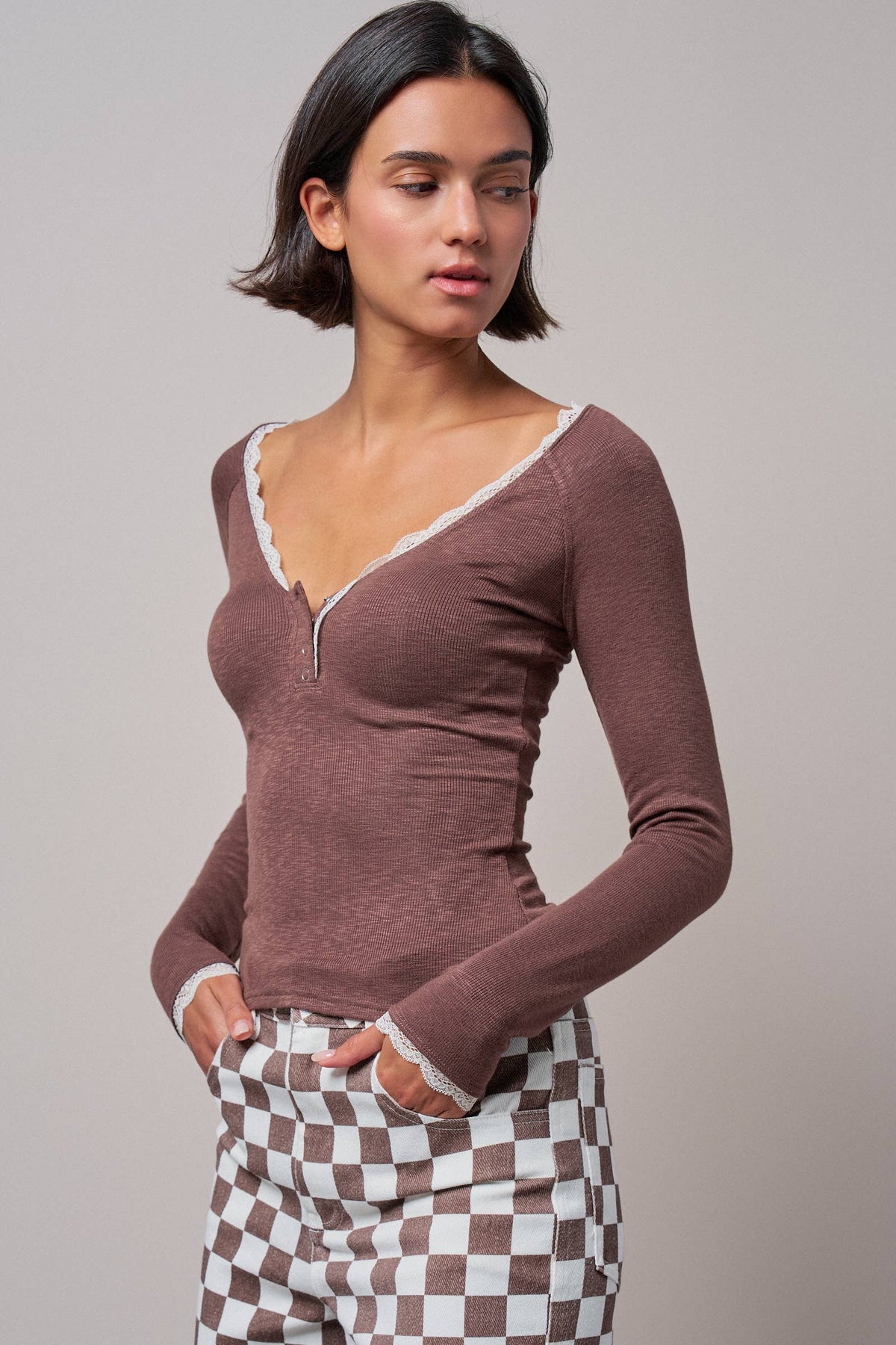 Lace Trim Slub Knit Henley Long Sleeve Top